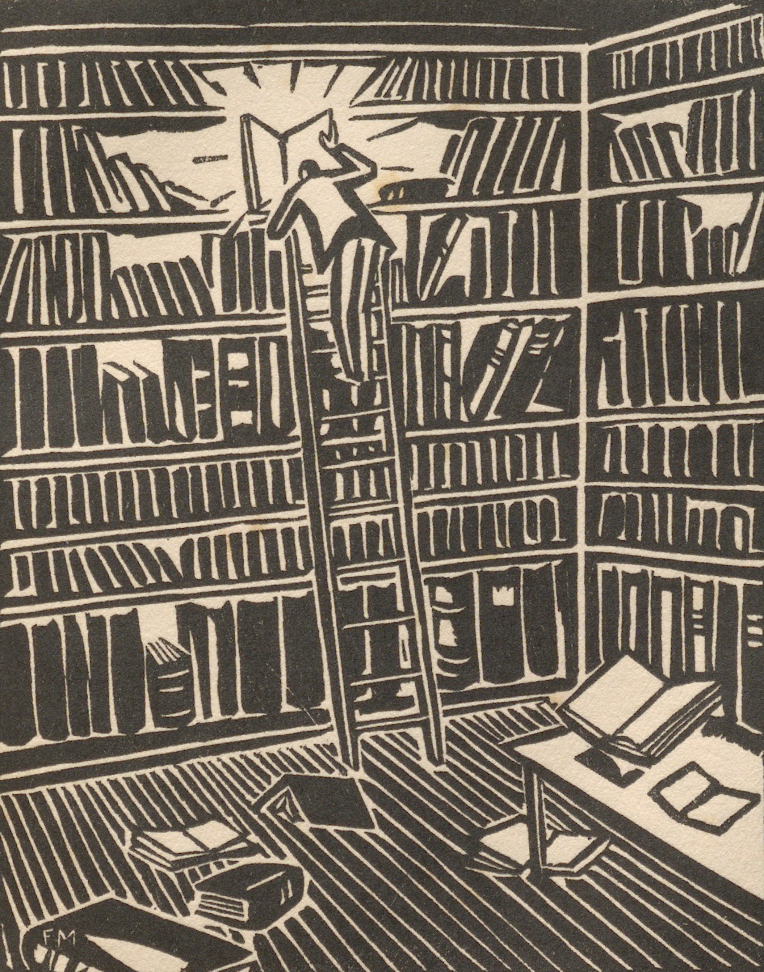 Image from a Frans Masereel novel: A man stands at the top of a library ladder, excitedly peering into a large book.